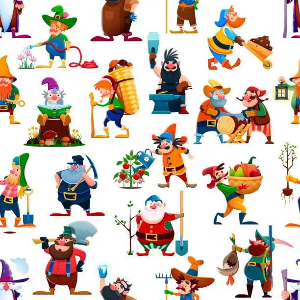 Vector illustration of Cartoon gnome or dwarf characters seamless pattern