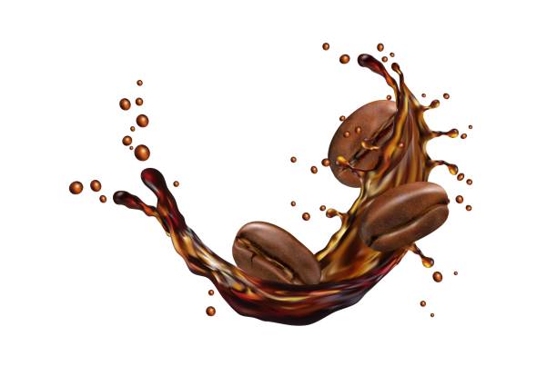 Liquid coffee drink splash with beans, splatter Liquid coffee drink splash with beans. Isolated realistic 3d vector energetic brown splatter with roasted grains, capturing the essence of a rich and invigorating aromatic beverage indulgence arabica coffee drink stock illustrations