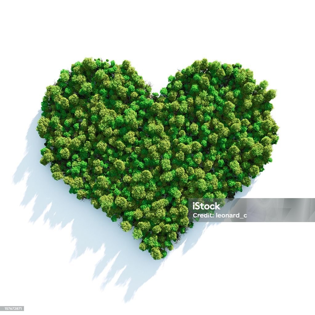 Forest Love Ecology concept: "Heart" shaped forest viewed from above. Computer generated, and lit with global radiosity. Subtle grain texture added. Heart Shape Stock Photo