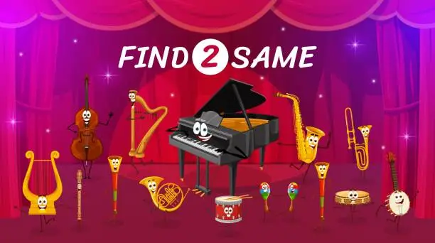 Vector illustration of Find two same cartoon musical instrument character
