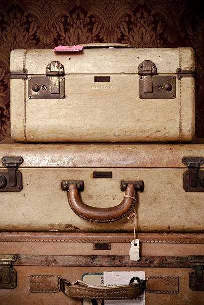 istock Old Used Suitcase With Travel Stickers 157673042