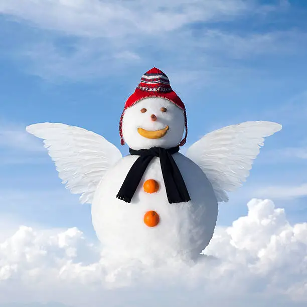 Snowman with wings on a cloud. Photography in high resolution. 