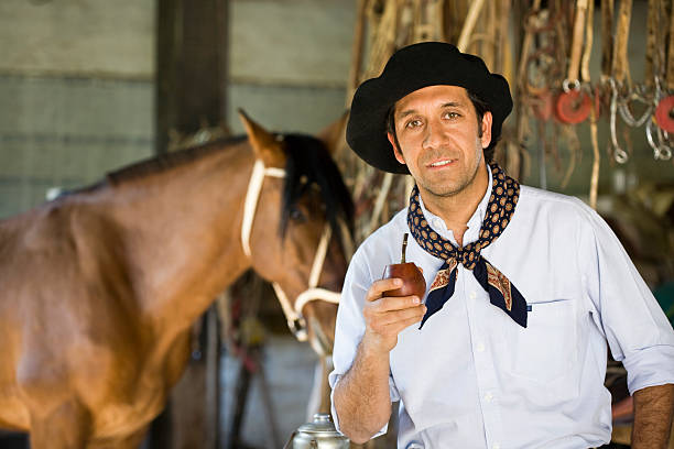 Gaucho Gaucho drinking Yerba Mate and his Horse in a Ranch gaucho stock pictures, royalty-free photos & images