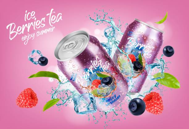 ilustraciones, imágenes clip art, dibujos animados e iconos de stock de lata de té de bayas silvestres y cubitos de hielo. salpicaduras de bebida - vitality food food and drink berry fruit