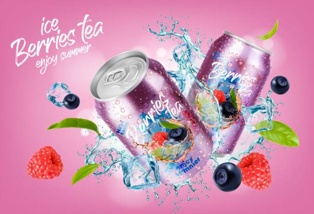 ilustrações de stock, clip art, desenhos animados e ícones de wild berries tea can and ice cubes. drink splashes - vitality food food and drink berry fruit