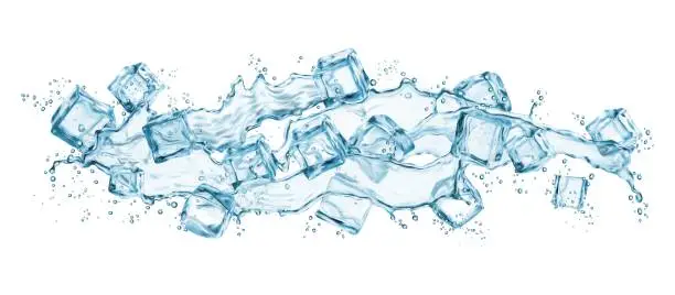 Vector illustration of Frozen ice cubes and water wave splash, realistic