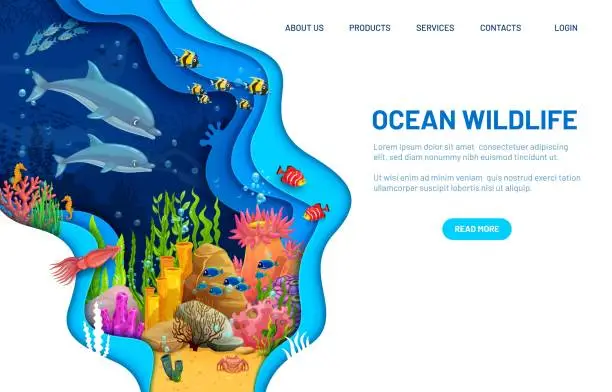 Vector illustration of Landing page with paper cut underwater landscape
