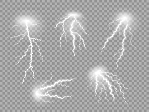 Thunderstorm lightning effect. Thunder bolt, electric spark, flash strike, illuminating the dark skies with powerful bursts of energy. Isolated vector set of realistic charges, awe-inspiring explosion