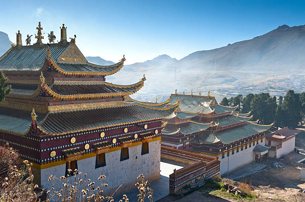 tempio di lama nella nebbia mattina - tibet foto e immagini stock