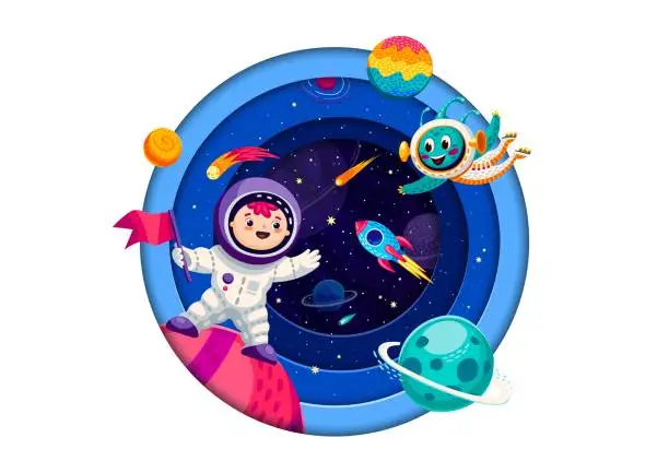Vector illustration of space paper cut cartoon astronaut, alien, rocket