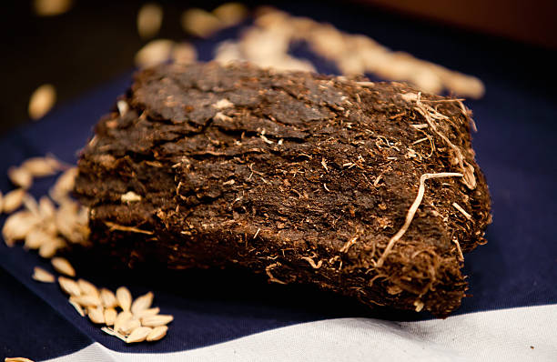 Lump of organic turf or peat used to make whiskey stock photo