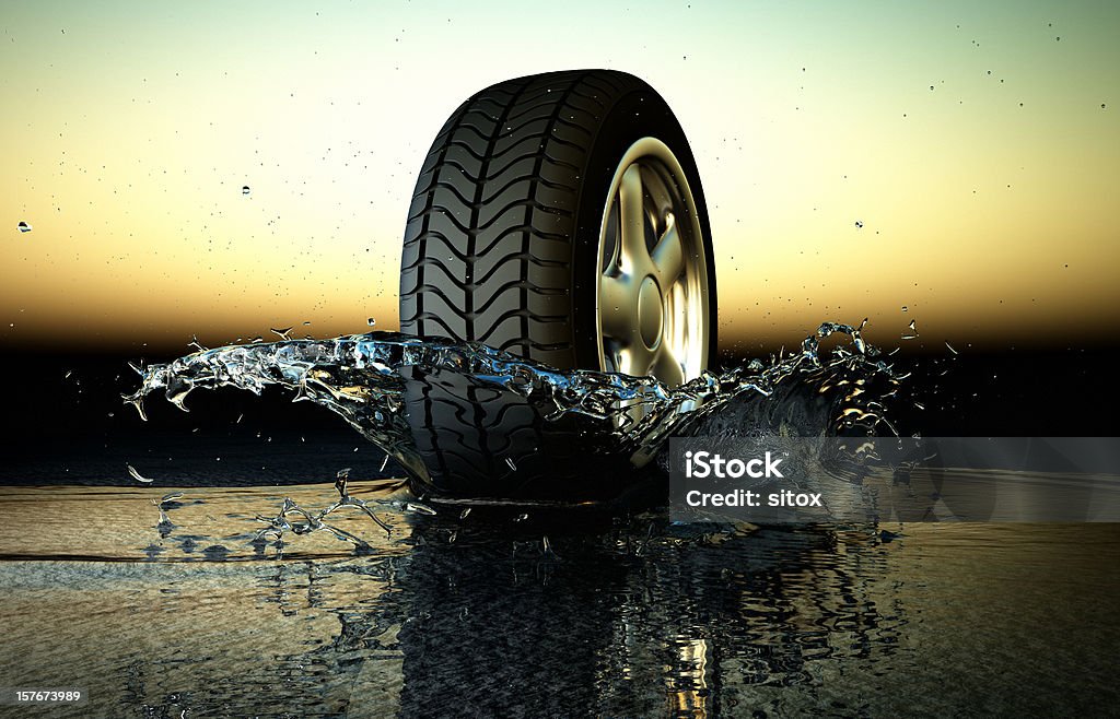 Hydroplaning, Aquaplaning Concept Tire coasting through a puddle. Twilight lightning. 3D render. Color Image Stock Photo