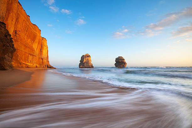 The sun sets over two of the 'Twelve Apostles' on Australia's 'Great Ocean Road'.