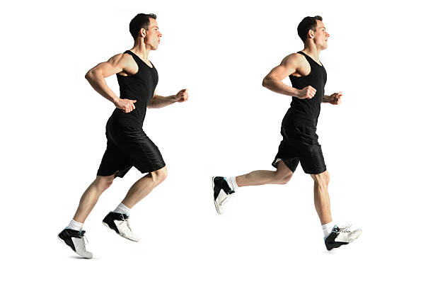 Two images of same man at different stages of running stride stock photo