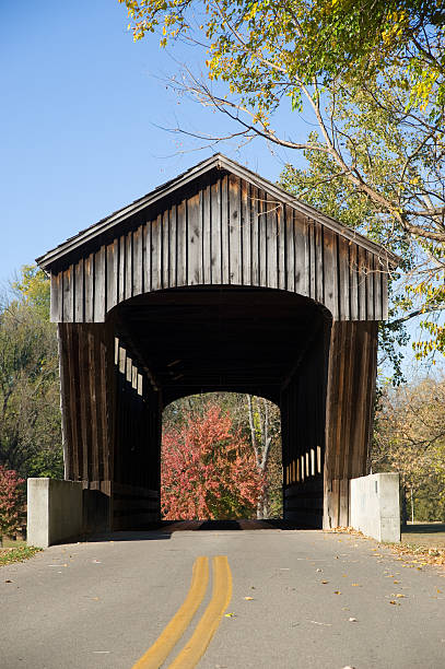 Looking Through the Brownsville Covered Bridge The Brownsville Covered Bridge, located in Mill Race Park in Columbus, Indiana, was originally moved from Union County, Indiana to Eagle Creek, where it was put into storage until its rejuvenation at Mill Race Park.  It is considered the longest single lane covered bridge in Indiana. indiana covered bridge stock pictures, royalty-free photos & images