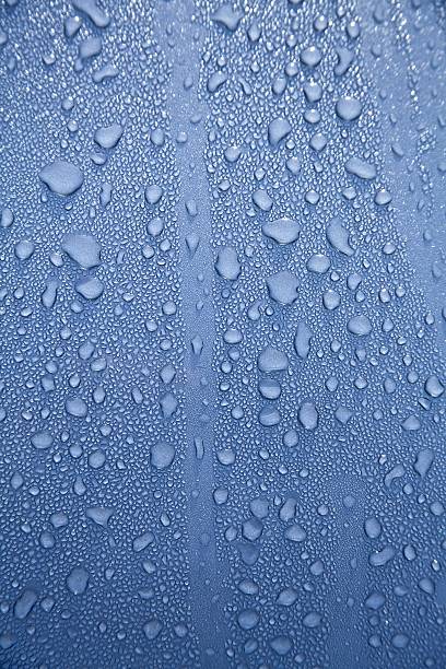 Water drops on a polished blue motorhood
