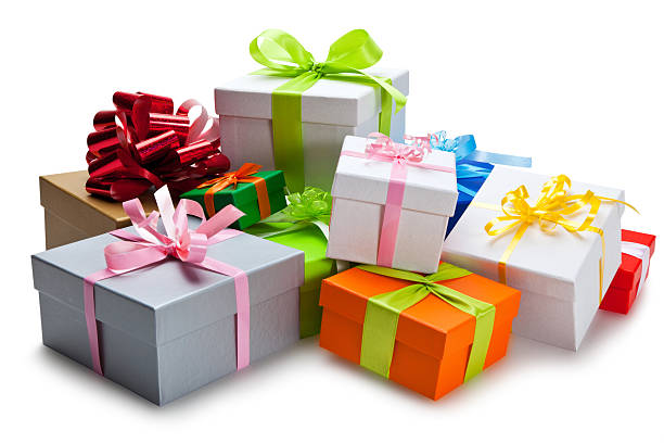 Bunch of colorful gifts stacked on each other stock photo