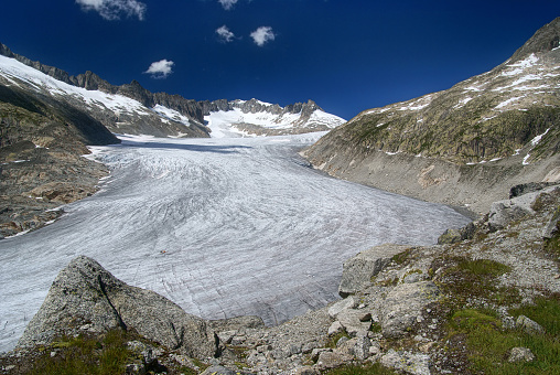 Aletsch glacier from Jungfraujoch Switzerland looking towards the Dreieckhorn on the right the Eggishorn in the near distance and the Pizzo Cervandone and the Helsenhorn in the far distance monochrome