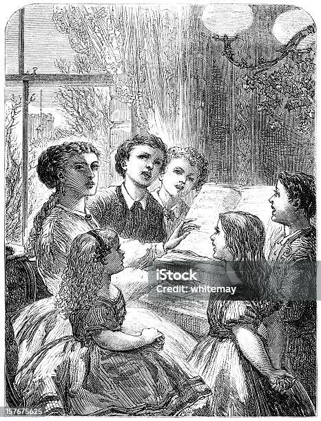 Victorian Kinder Singen Weihnachten Carols Mit Ihrer Mutter Stock Vektor Art und mehr Bilder von Altertümlich