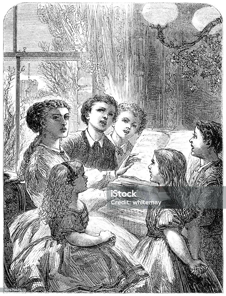 Victorian enfants de chants de Noël retentirent avec leur Mère Noël - Illustration de D'autrefois libre de droits