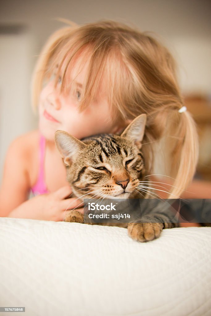 Kleines Mädchen mit Ihrer Katze Bauchlage - Lizenzfrei Geschlossen - Allgemeine Beschaffenheit Stock-Foto