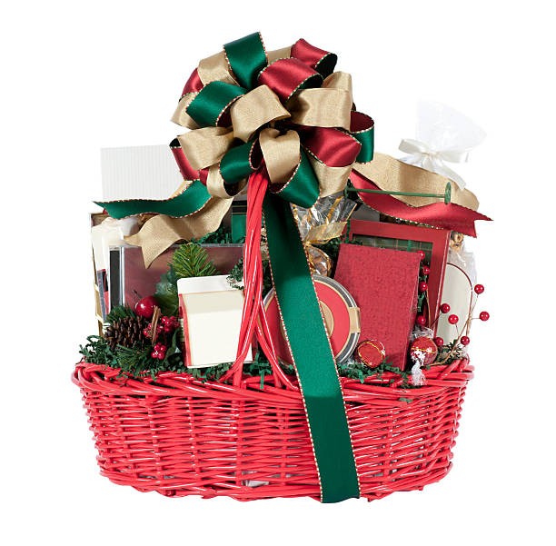 Christmas Holiday Gift Basket in Red, Green, and Gold stock photo
