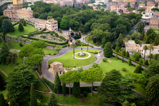 Vatican Gardens seen from Cupola of St. Peter's Basilica. Rome, Italy.