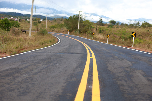 itaju do colonia, bahia, brazil - july 23, 2023: asphalt road on state highway BA 667 in the city of Itaju do Colonia in southern Bahia.