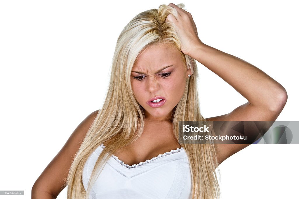 Verwirrt, junge Blonde Frau, die ihr den Kopf kratzen Kaukasier - Lizenzfrei 20-24 Jahre Stock-Foto