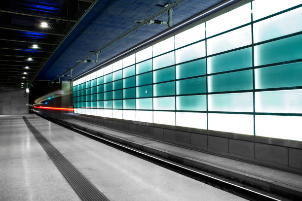 istock Blue illuminated glass wall - railway station 157676231
