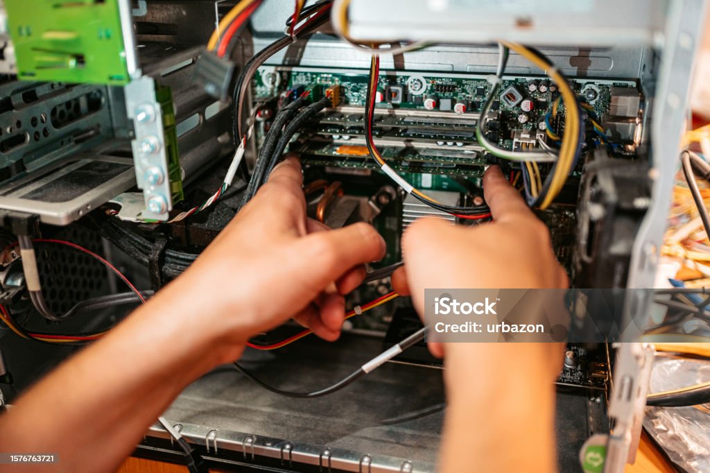 Man Installing Computer Technician Installing Ram Component In A Workshop Stock Photo ...