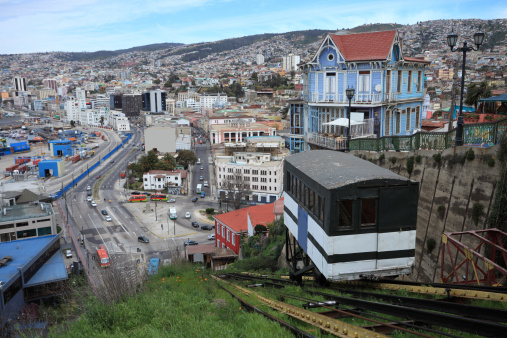 The famous Artilery funicular in Valparaiso, Chile. All trademarks and graphites removed.