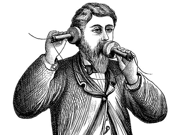 ilustraciones, imágenes clip art, dibujos animados e iconos de stock de grabado alexander graham bell hacer una llamada de teléfono antiguo - telégrafo