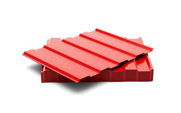 pilhas metálicas vermelhas 3d de ferro galvanizado corrugado para a folha do telhado fundo branco ilustração 3d - sheet metal aluminum wall architecture - fotografias e filmes do acervo