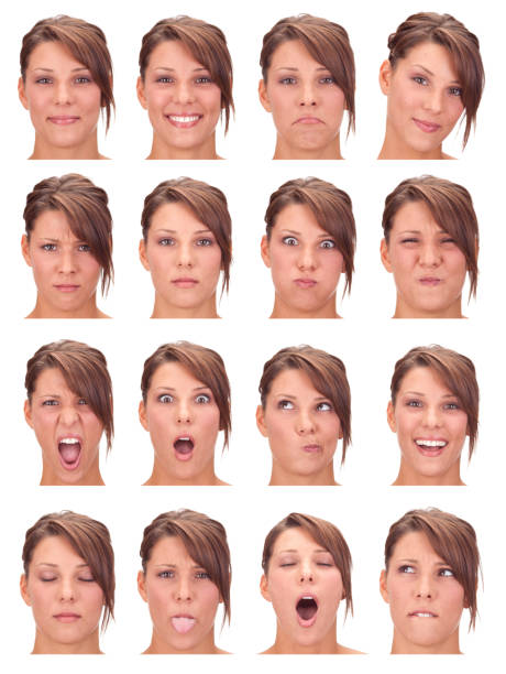 istock beautiful young brunette girl expression collection set isolated 157677196