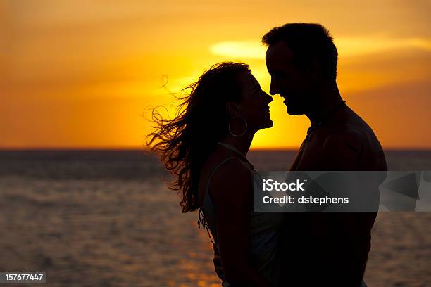 Couple On Beach Sunset Silhouette Stock Photo - Download Image Now - Couple - Relationship, Gay Person, Muscular Build