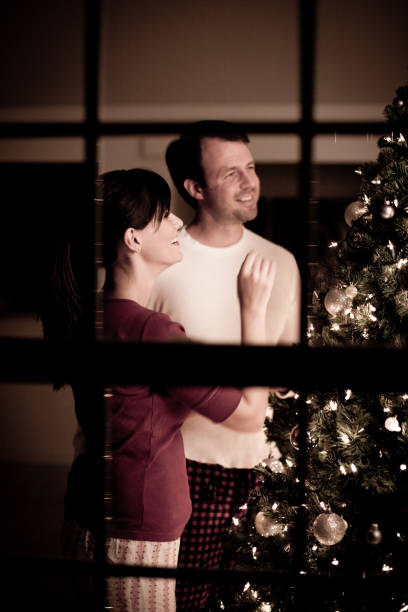 istock Happy Couple Decorating Christmas Tree at Home 157677498