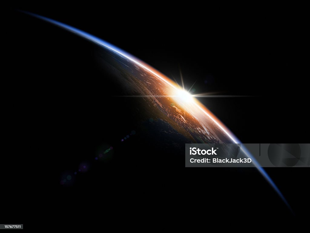 Sunrise in Space Astronomical background. 3D render. Planet Earth Stock Photo