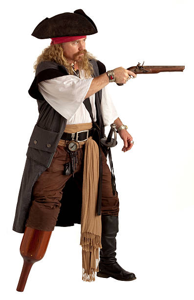 Pirate with a real wooden leg taking aim. 