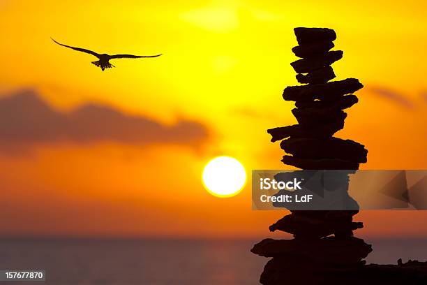 Stack Of Stones At Sunset With Flying Seagull Stock Photo - Download Image Now - Achievement, Arrangement, Aspirations