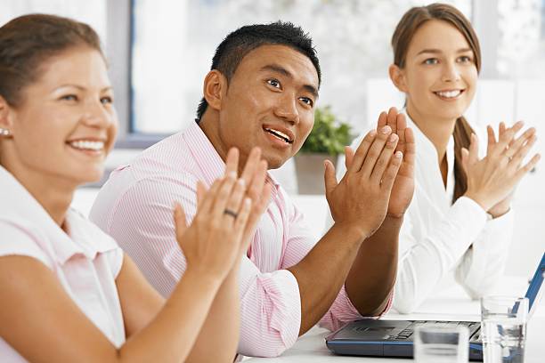 istock Happy business people clapping on meeting 157678273