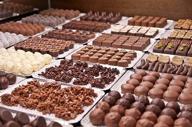 chocolate pralines in a Swiss confiserie stock photo