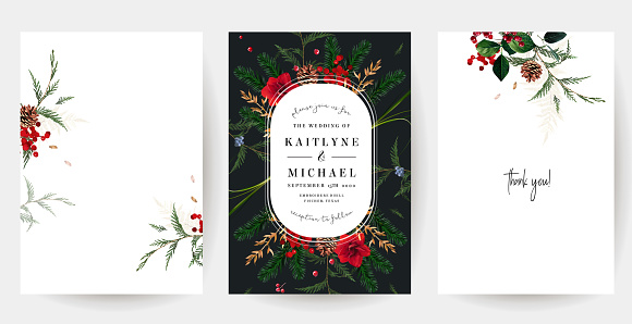 Emerald Christmas greenery, red amaryllis, winter berry, cedar, emerald pine, spruce vector design frames. Winter wedding or new year party invitation cards. Watercolor style. Isolated and editable