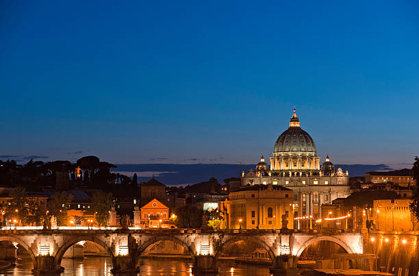 Rome blue dusk golden landmarks St Peter's Basilica Ponte Sant'Angelo  clear sky night sunset riverbank stock pictures, royalty-free photos & images