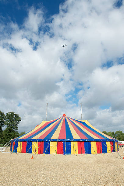 Circus tent  with American flags against a blue sky, Florida, USA