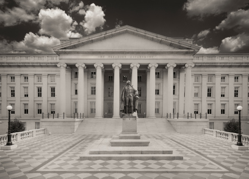 Treasury building in Washington DC built in 1836. National Historic Landmark. Antique film look.