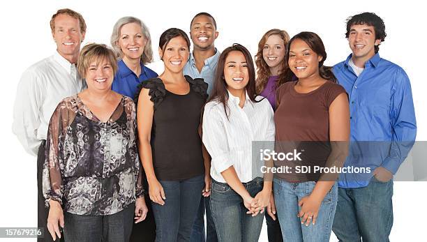 Feliz Diverso Grupo De Gente Aislado En Blanco Foto de stock y más banco de imágenes de Adulto - Adulto, Adulto joven, Adulto maduro