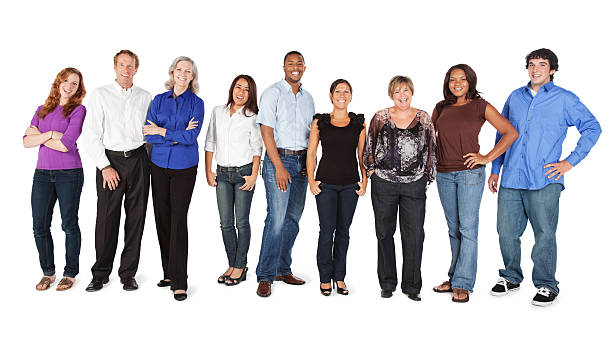 istock Happy Group of People Lined Up, Isolated on White 157679218