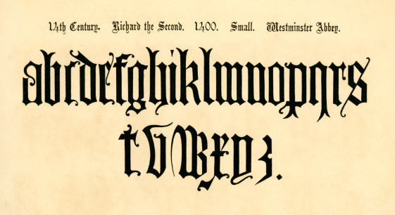 An example of 14th century Old English lower-case letters (reign of Richard II) from 'The Book of Ornamental Alphabets: Ancient & Medieval' by F.G. Delamotte, published by E. & F.N. Spon, London, in 1879. (Now in the public domain.)