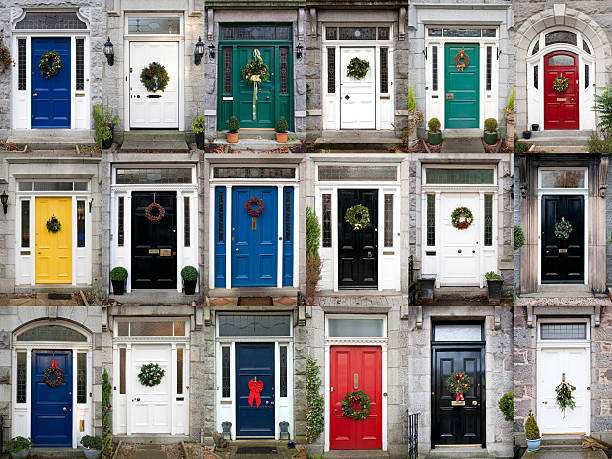 Eighteen doors with christmas wreaths from the granite city of Aberdeen, Scotland
